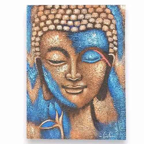KDMD Buddha Floral Painting in Bronze and Blue, W: 75 cm, H: 55 cm