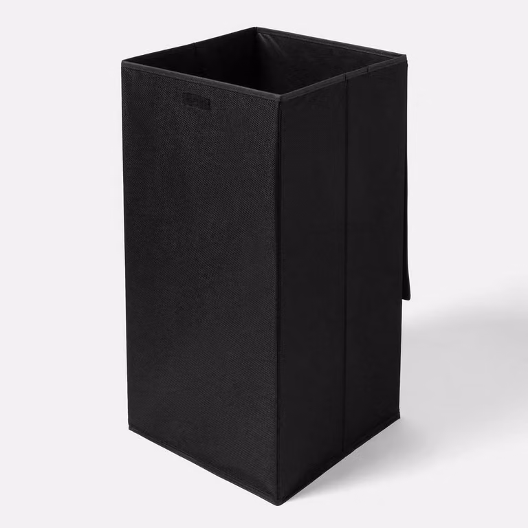 OHS Faux Linen Folding Laundry Basket Hamper Bag with Lid, Black