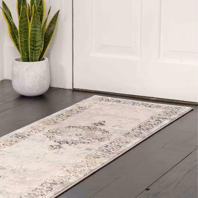 The Rug House Metallic Distressed Traditional Medallion Bordered Area Rug in Grey and Gold, W: 240 cm, D: 70 cm