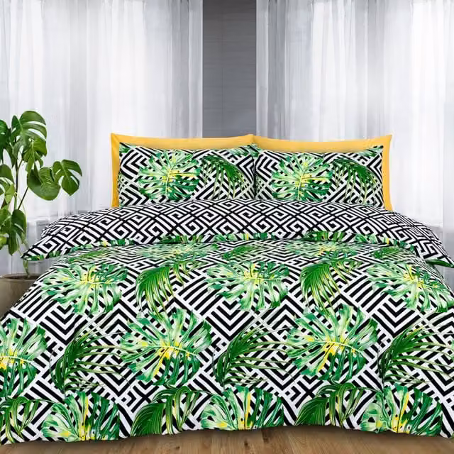 Velosso Ethnic Leaf Printed Cotton Rich Duvet Cover and Pillowcase Set in Green and Multicolour, W/D/H: 200 x 200 cm and 50 x 75 cm