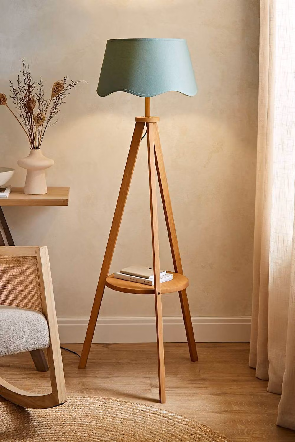 ValueLights Morrigan Vintage Wood Tripod Floor Lamp with Pale Green Fabric Scalloped Shade and Bulb Included – 2