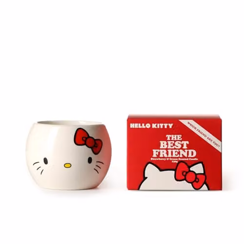 Hello Kitty & Friends Strawberry & Cream Scented Candle, 140g, White Ceramic Jar with Fruity Gourmand Fragrance
