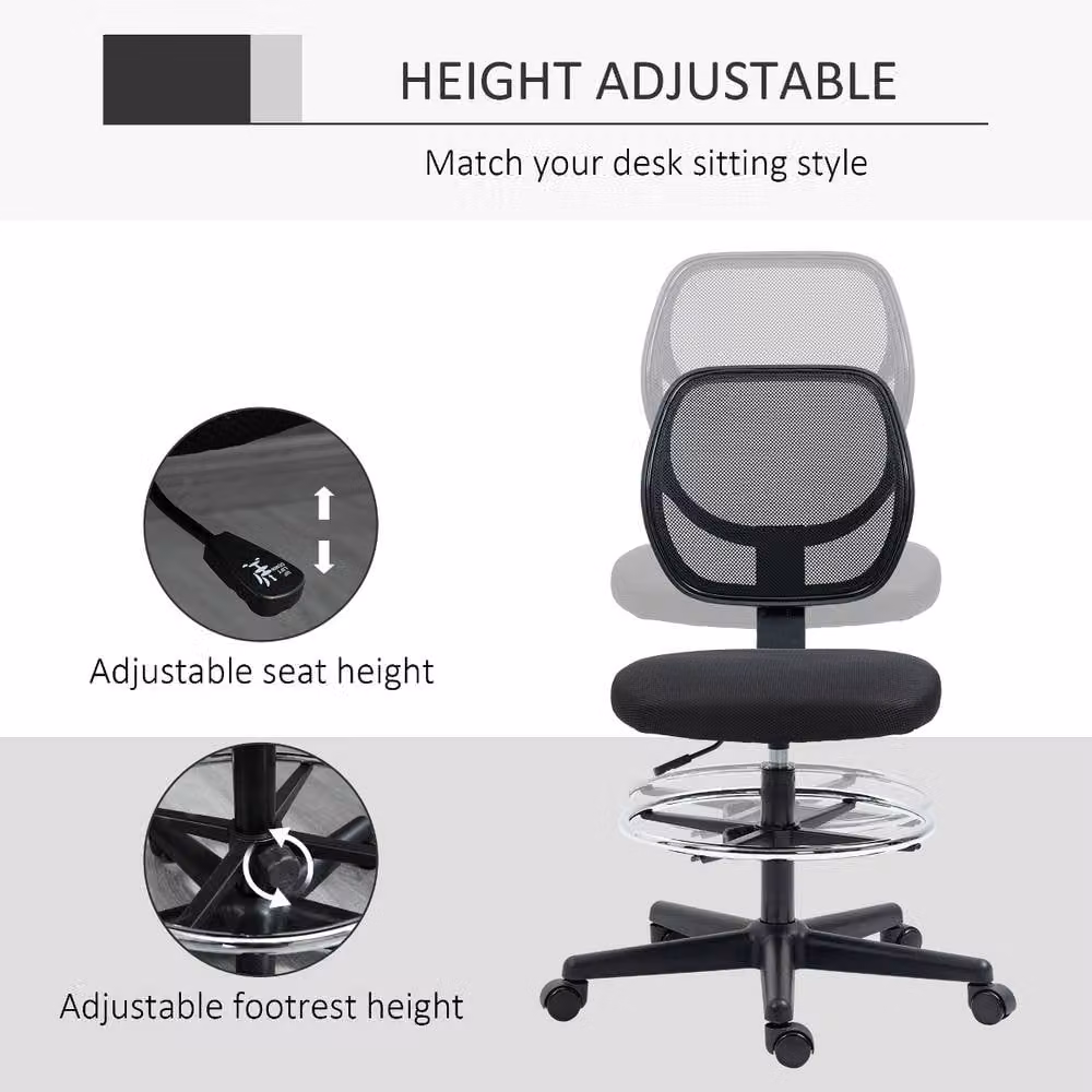 Vinseto Black Ergonomic Mesh Drafting Office Chair with Foot Ring and 360 Degree Swivel – 5