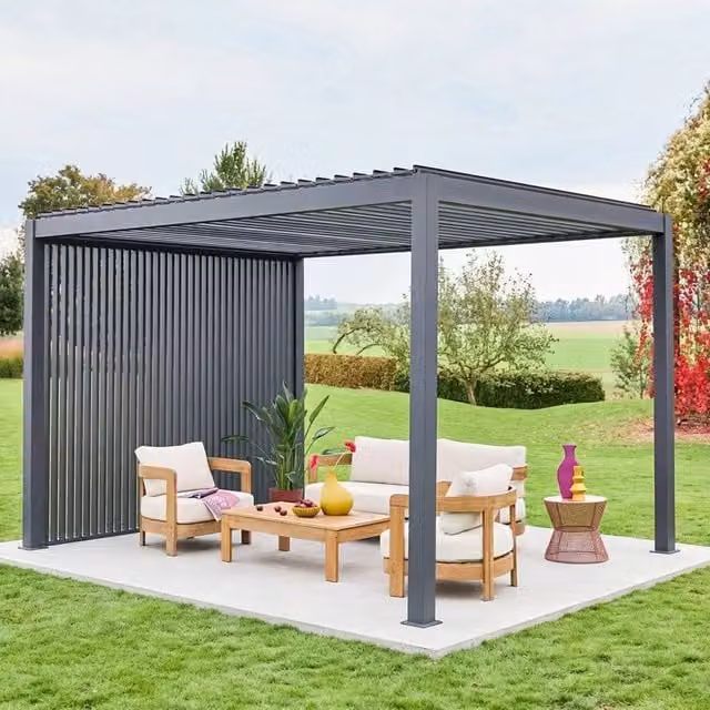 Sweekeek Aluminium Louvered Pergola in Dark Grey, W: 400 cm, D: 300 cm, H: 250 cm, including 3 x 100 cm Vertical Louver Panels – 1