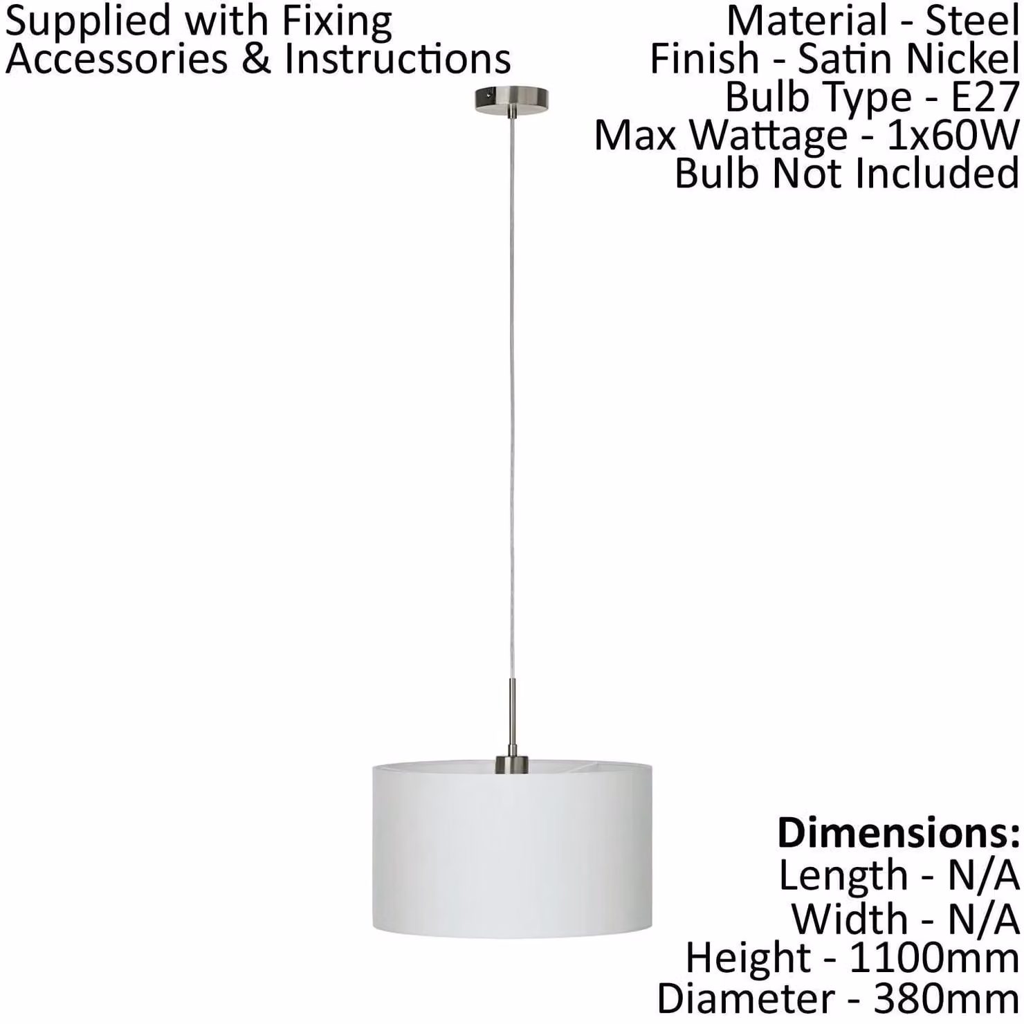 Loops Pendant Light in Satin Nickel and White Fabric with E27 Bulb Holder – 1