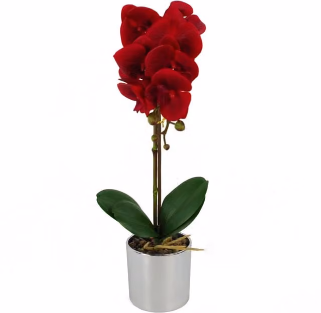 Red and Silver Artificial Potted Orchid with Leaves in a Plastic Decorative Pot