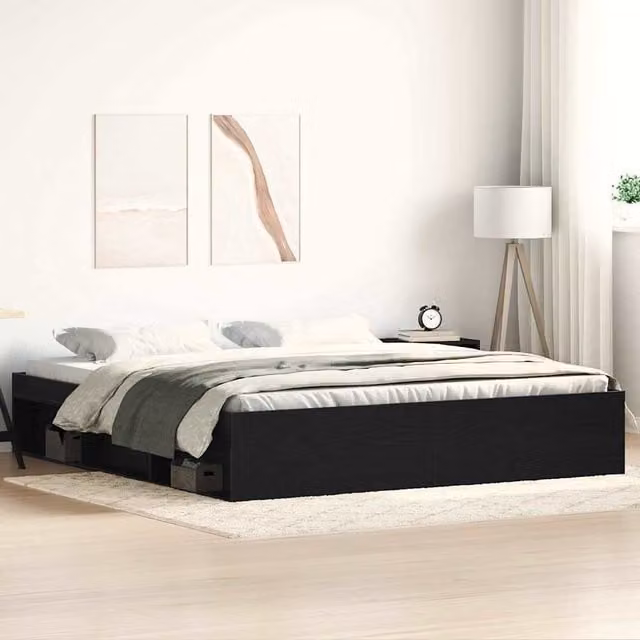 Berkfield Home Black Oak Bed Frame with Side Compartments in Brown, W/D/H: 200 x 200 cm