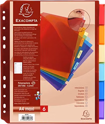 Exacompta Multicoloured Polypropylene 6 Part Document Dividers for A4+ Documents – 1