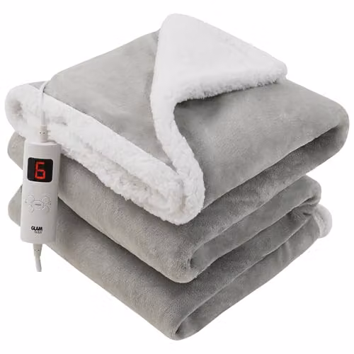 GlamHaus Heated Electric Fleece Throw in Light Grey, W: 160 cm, D: 130 cm