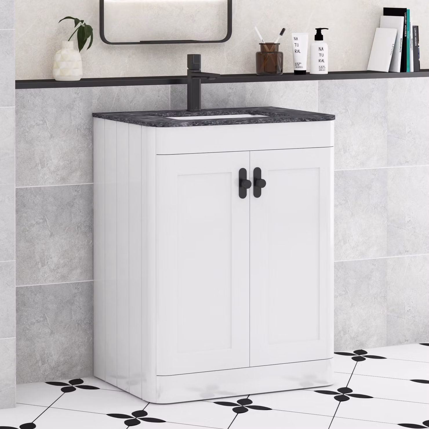 Royal Bathrooms Henley 600mm Gloss White Floor Standing 2 Door Bathroom Vanity Unit with Black Star Stone Top and Matt Black Knob