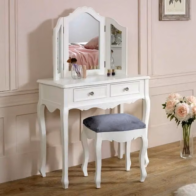 Melody Maison Victoria White and Grey Lacquered Wood Dressing Table with Tri-fold Mirror and Stool Set