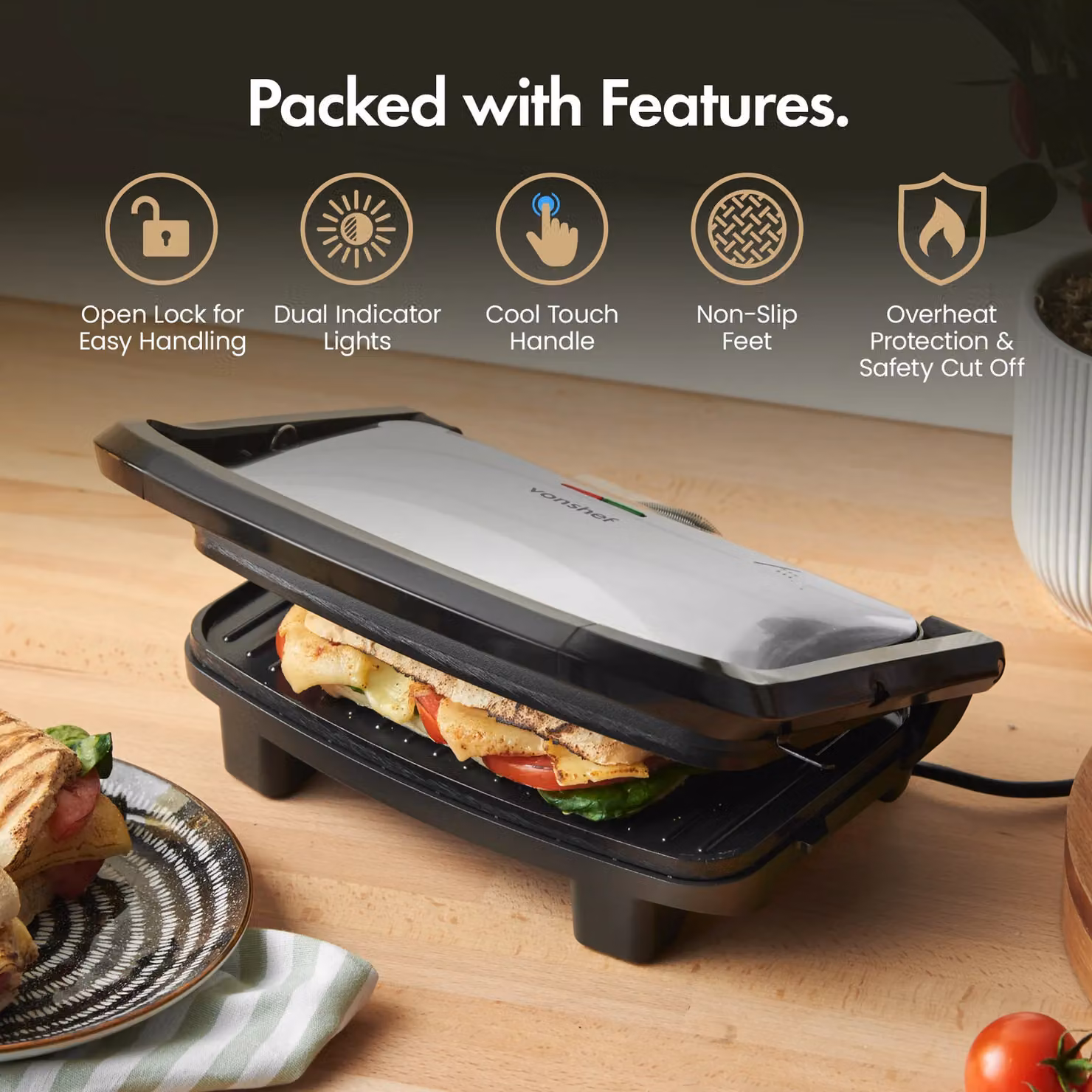 VonShef Two Slice Non-Stick Panini Press Grill in Black with Ceramic Coating and Overheat Protection – 5