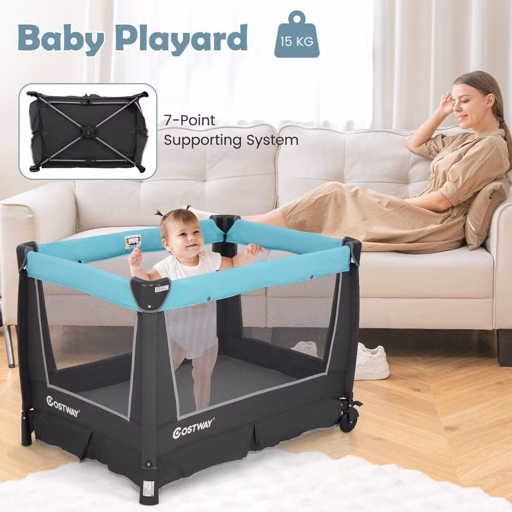 CASART 5-in-1 Foldable Travel Cot Baby Playard with Bassinet and Changing Table in Multicolour – 7