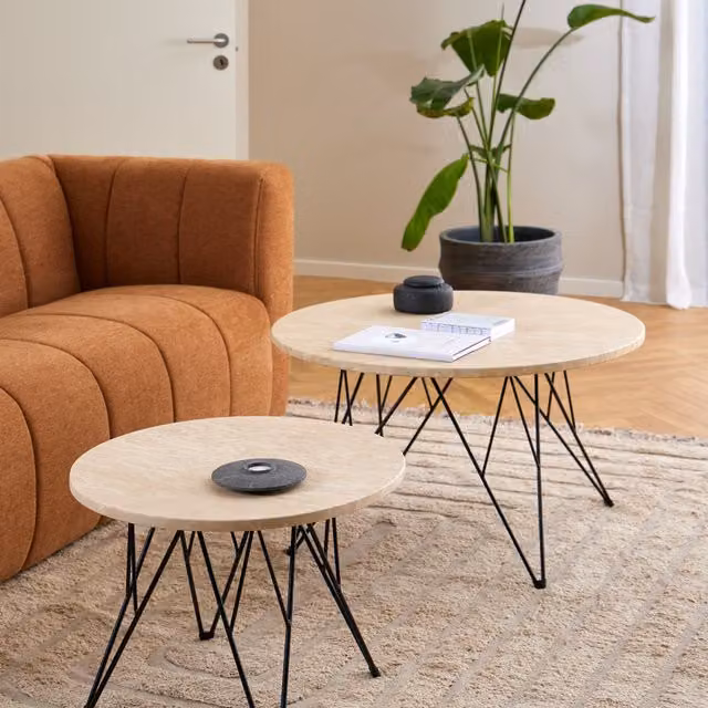 Furniture To Go Prunus Round Coffee Table in Matt Beige and Matt Black Coated Steel Base, W: 80 cm, D: 46.4 cm