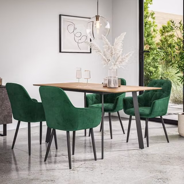 More4Homes Haydon Extending Dining Table and Anika Green Velvet Chairs Set, Oak Effect Top with Black Legs, W/D/H: 120 x 80 x 76 cm – 1