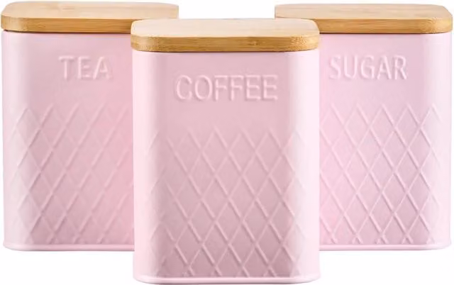 Cooks Professional 3-Piece Pink Stainless Steel Tea, Coffee and Sugar Canister Set with Airtight Bamboo Lids and Geometric Pattern