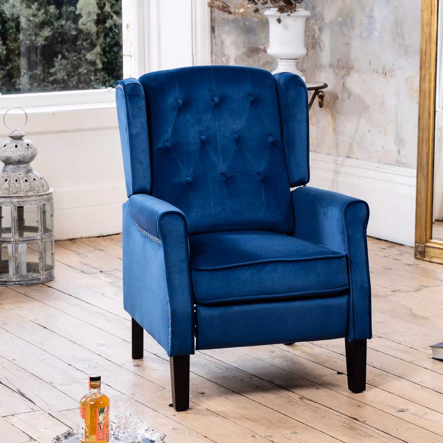 Artemis Home Annapoli Recliner Armchair in Dark Blue Velvet Fabric with Solid Wood Frame – 2