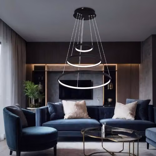 Globo Lighting Ralph Triple Ring LED Pendant Light, Black, Dimmable, Warm White, Height: 120 cm, Width: 57 cm, Depth: 51 cm – 2