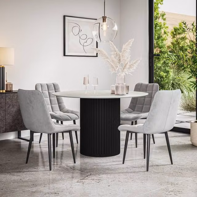 More4Homes Arlo White Marble Top Round Dining Table with Black Legs and 4 Grey Nova Velvet Dining Chairs Set – 1