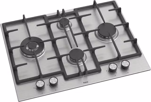 Ferre 65cm Built-in Gas 4 Burner Hob with Cast Iron Pan Supports, Silver