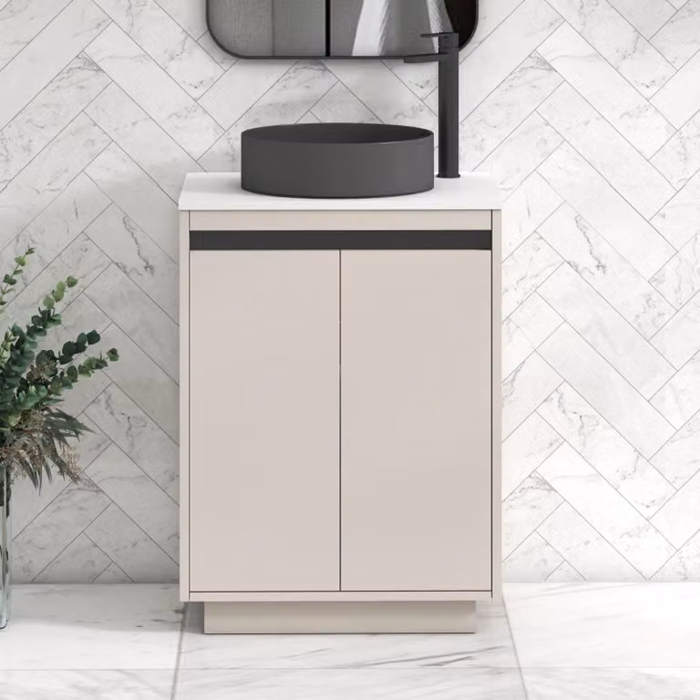 Royal Bathrooms Orion 600mm Warm Taupe Floor Standing 2 Door Vanity Unit with Art Round Basin and Black Accent Trim