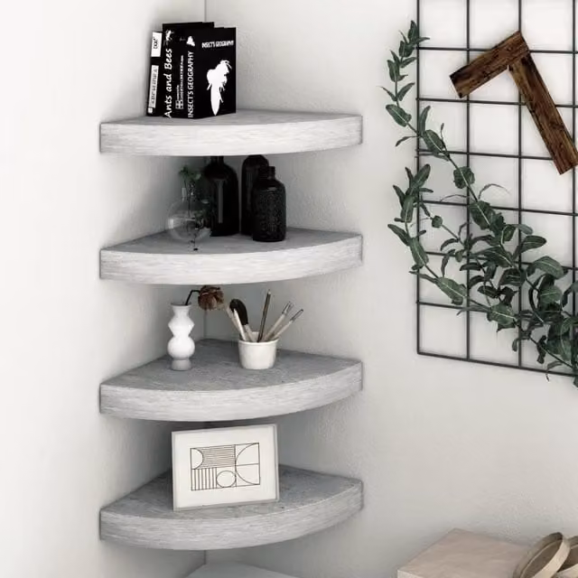 Berkfield Home Wall Mounted Corner Shelves, 4 Piece Set in Concrete Grey MDF, W/D/H: 25 x 25 x 3.8 cm