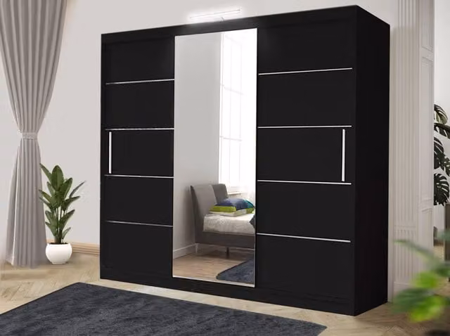 RAC3 Modern 250cm Sliding Door Wardrobe with LED Lighting, Mirror and Integrated Drawers in Black and White Matt Finish