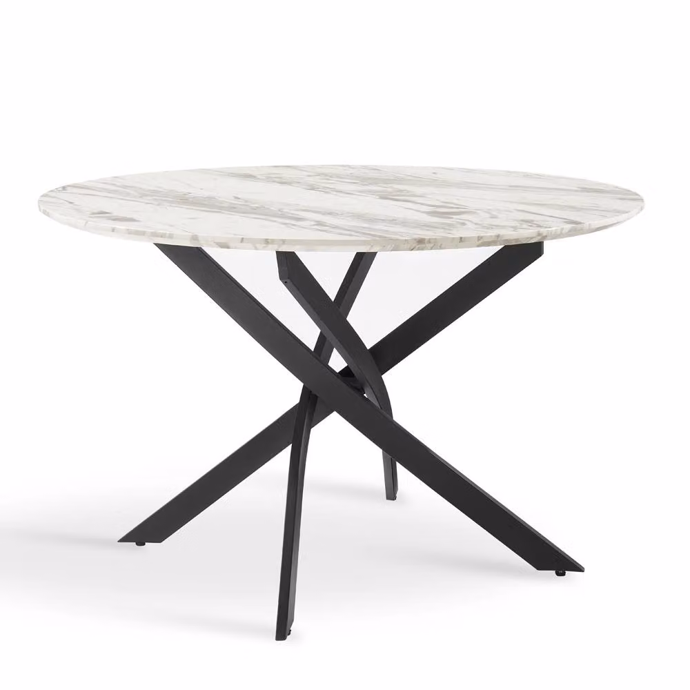 Home Detail Morag Round Marble Effect Dining Table in White with Black Metal Legs, Diameter: 100 cm – 2