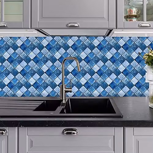 WALPLUS 24-Piece Blue and Black Mother of Pearl Mosaic Wall Tile Sticker Set, Glossy Aluminium Film Peel and Stick Backsplash Decals for Kitchen and Bathroom, W/D/H: 15 x 15 x 0.54 cm – 2