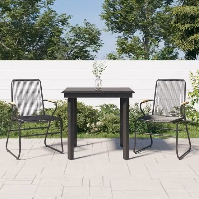 Berkfield Home 3 Piece Modern Garden Dining Set in Black PVC Rattan and Steel with Glass Top – 1