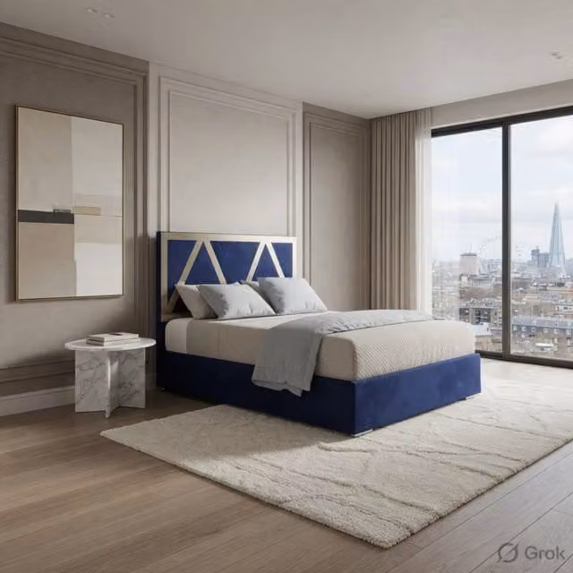 KDMD Erdington Single Upholstered Velvet Designer Bed Frame in Blue with Metal Details, W/D/H: 90 x 200 x 127 cm