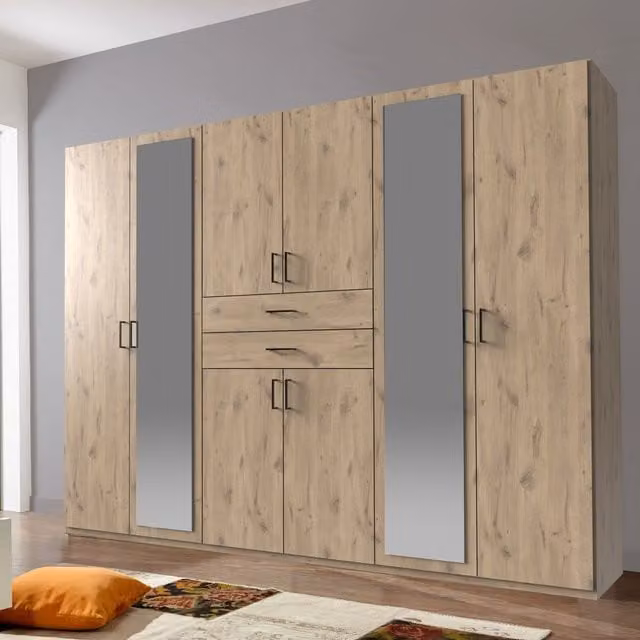 TJS Dillingen Modern Oak Wardrobe with Hinged Doors and Mirror