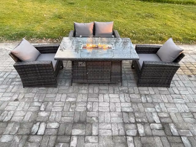 Fimous 4 Seater Outdoor Rattan Sofa Set with Gas Firepit Dining Table in Dark Grey