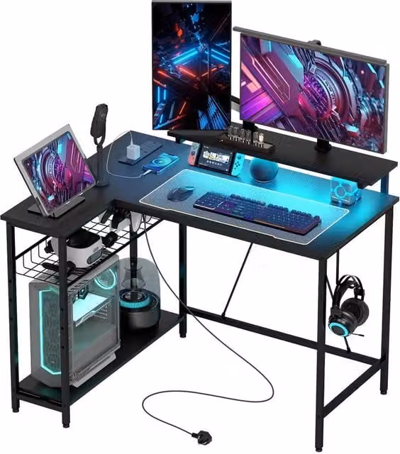 VOGREX L Shaped Corner Desk with LED Lights in Black