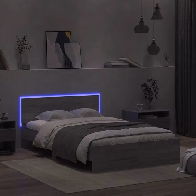 Berkfield Home Modern Double Bed Frame with Headboard and Under-Bed LED Lighting in Grey Sonoma, W/D/H: 140 x 190 x 70 cm – 1