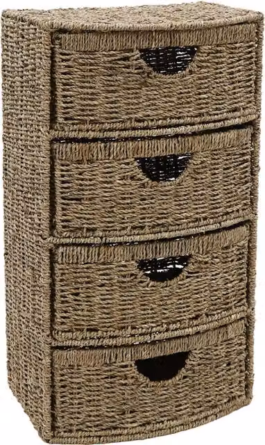 JVL Seagrass 4 Drawer Bow Front Freestanding Storage Tower in Beige and Brown Rattan