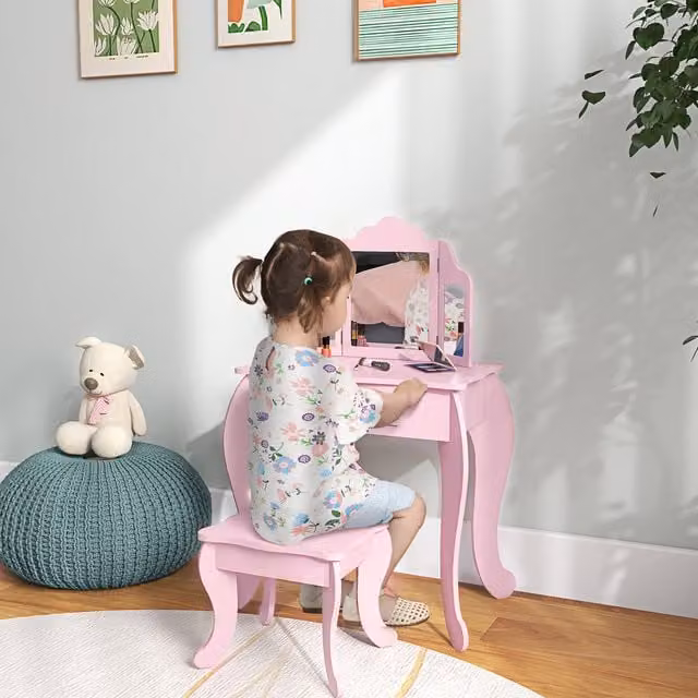 HOMCOM Kids Vanity Table and Chair Set in Pink