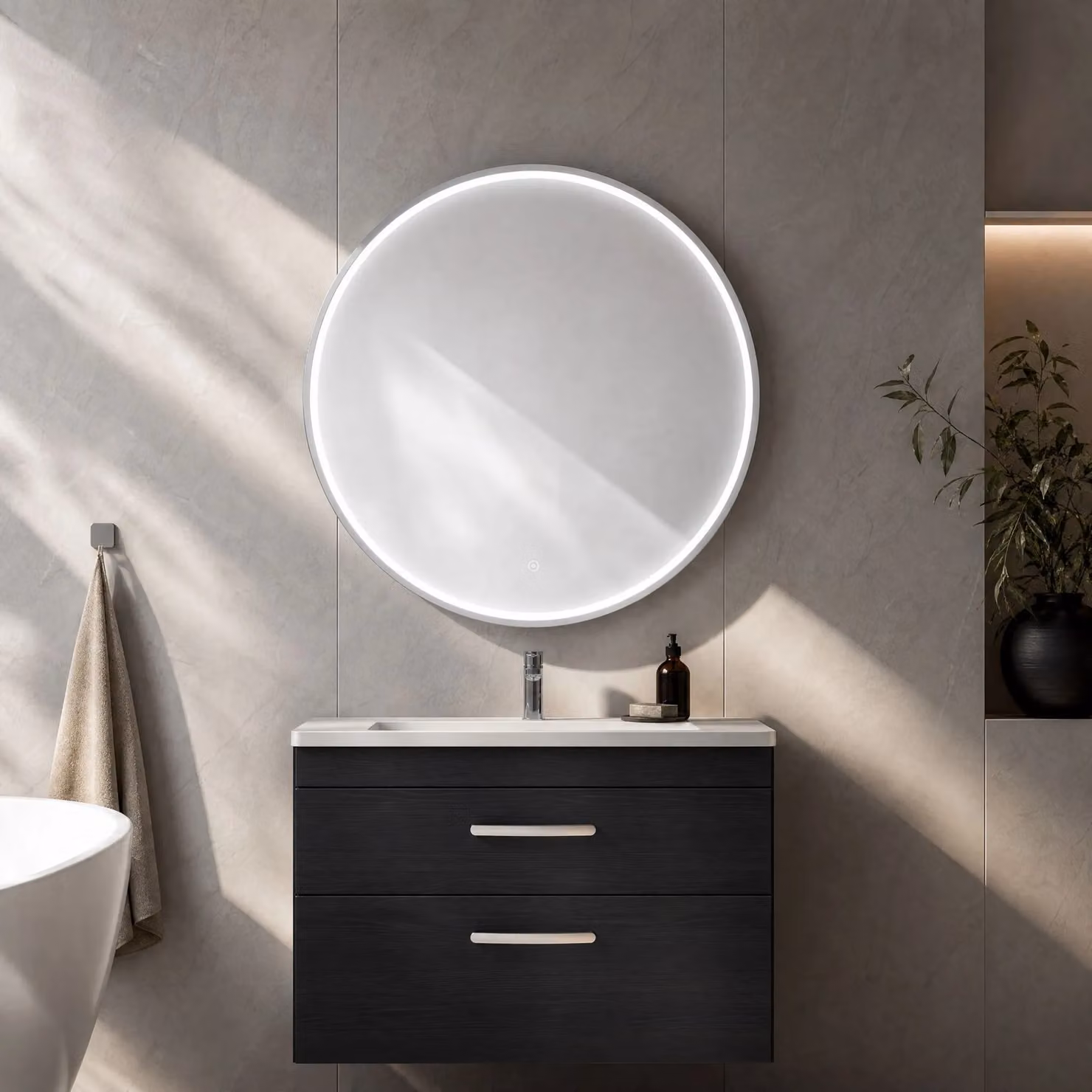 Balterley Round LED Bathroom Mirror with Demister and Touch Sensor, Chrome, W/D/H: 80 x 80 x 1 cm – 3