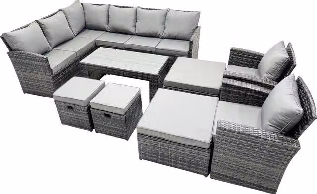 Fimous 12 Seat Poly Rattan L-Shape Corner Sofa Set in Dark Grey with Upholstered Cushions, Coffee Table and Ottomans