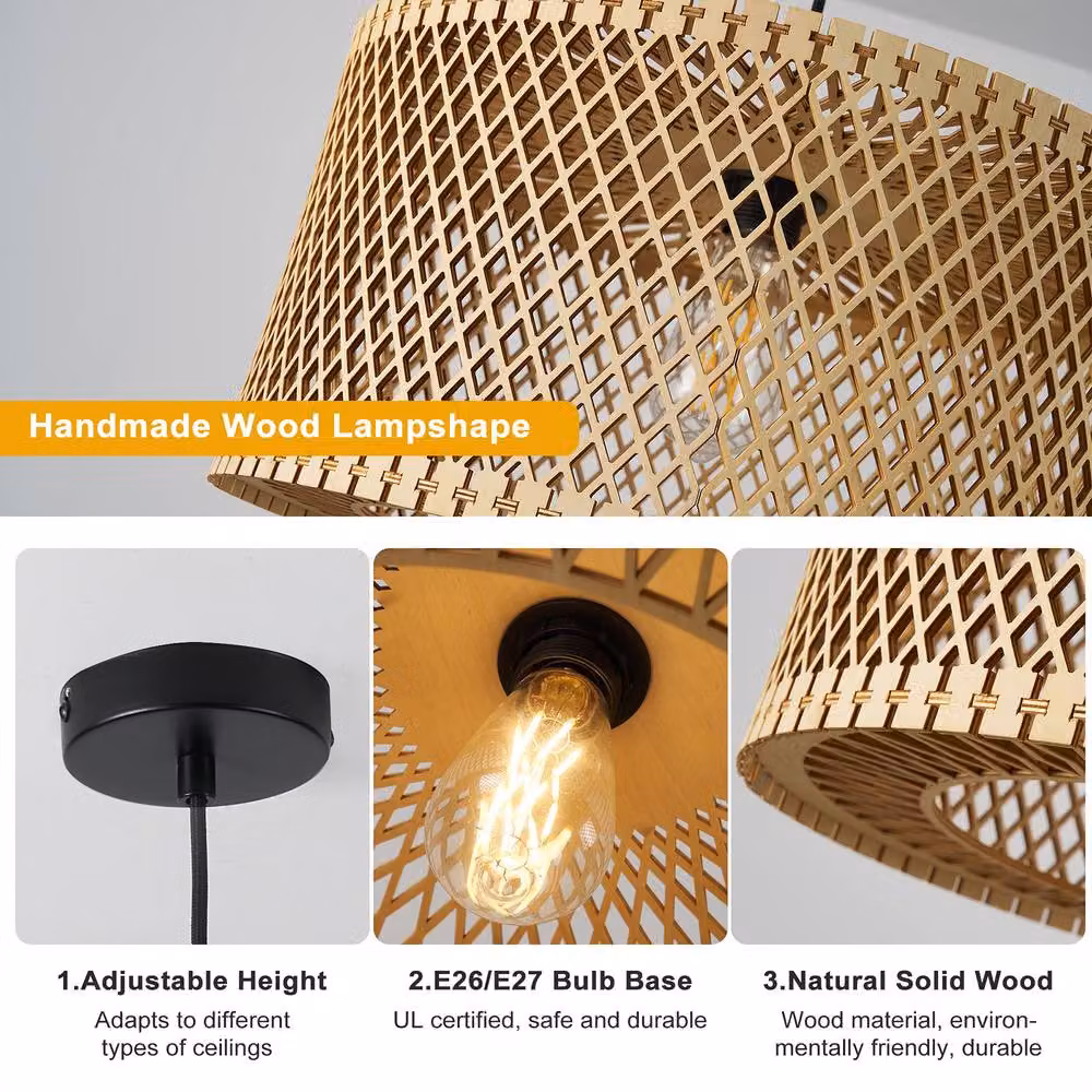 NIVOR Adjustable Dimmable Boho Wooden Caged Pendant Light in Tan with E27 Socket – 5
