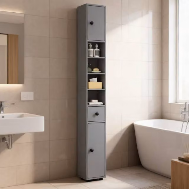 ERGOVEXA Grey Slim Wall Mounted Bathroom Cabinet with Drawers, Shelves and Cupboards