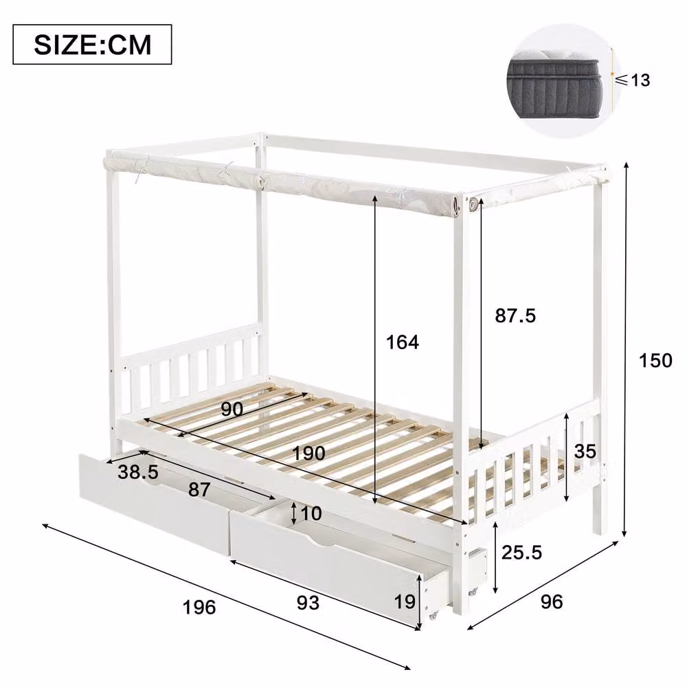 STILVORA Single Childrens Bed with Drawers and Curtains in White and Green, W/D/H: 90 x 190 x 120 cm – 2