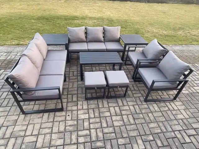 Fimous Modern Aluminium Outdoor Garden Furniture Set in Dark Grey with 3-Seater Sofa, 2-Seater Sofa, Coffee Table and Ottomans