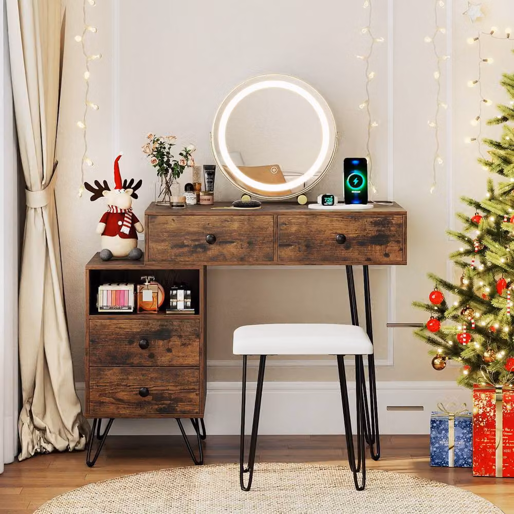 Gymax Modern Dressing Table and Stool Set with Hollywood LED Mirror in Brown – 3