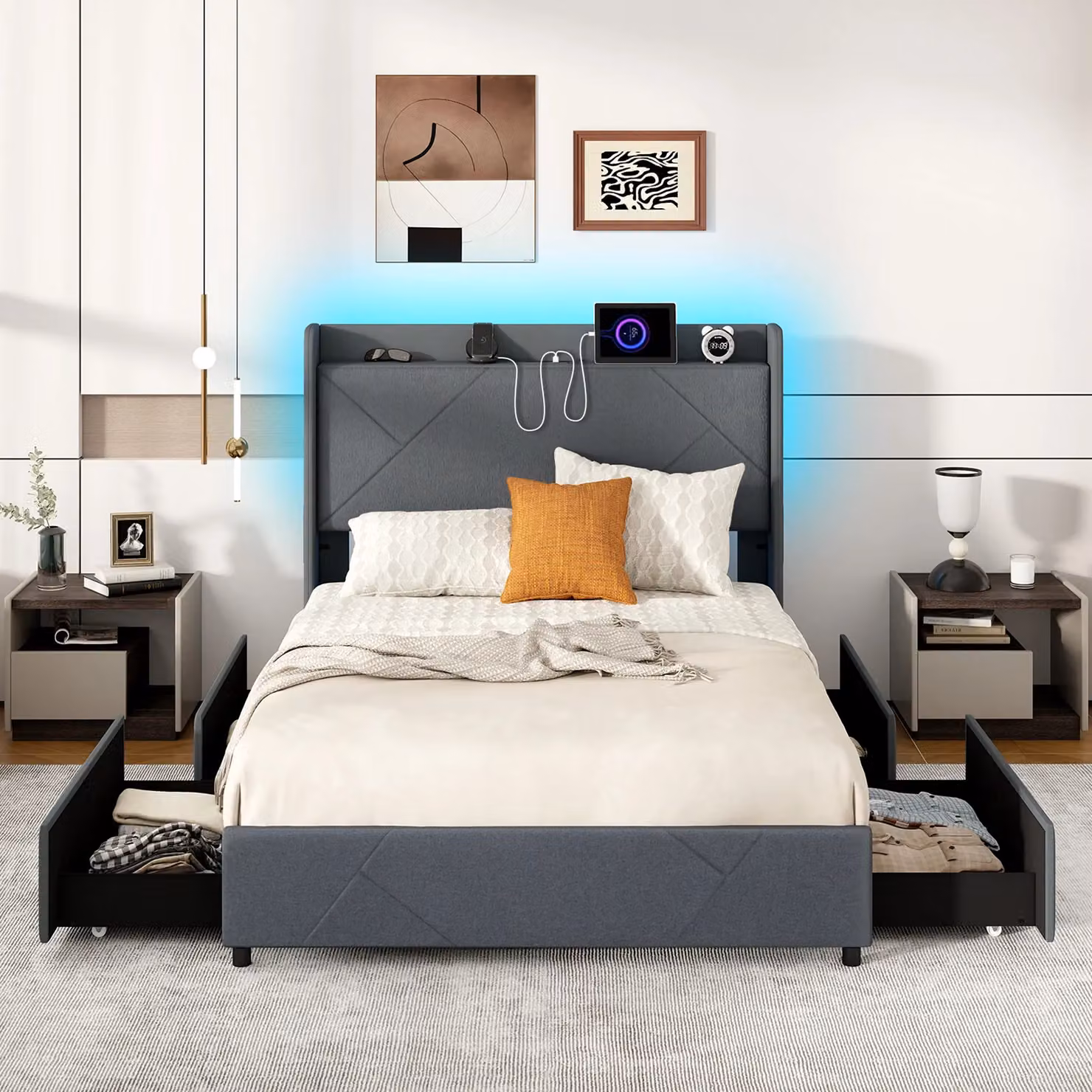 Gymax Double Size Upholstered Platform Bed Frame in Grey with LED Under-Bed Lighting, USB Charging Ports and Storage Drawers, W/D/H: 140 x 200 cm – 8