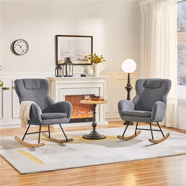Yaheetech Dark Grey Bouclé Fabric High Back Rocking Chair with Armrests and Beech Wood Frame