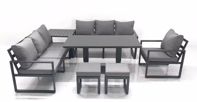 Fimous Outdoor Garden Furniture Set in Dark Grey Aluminium with Adjustable Lifting Dining Table, Lounge Sofa, 2 Footstools and Side Table