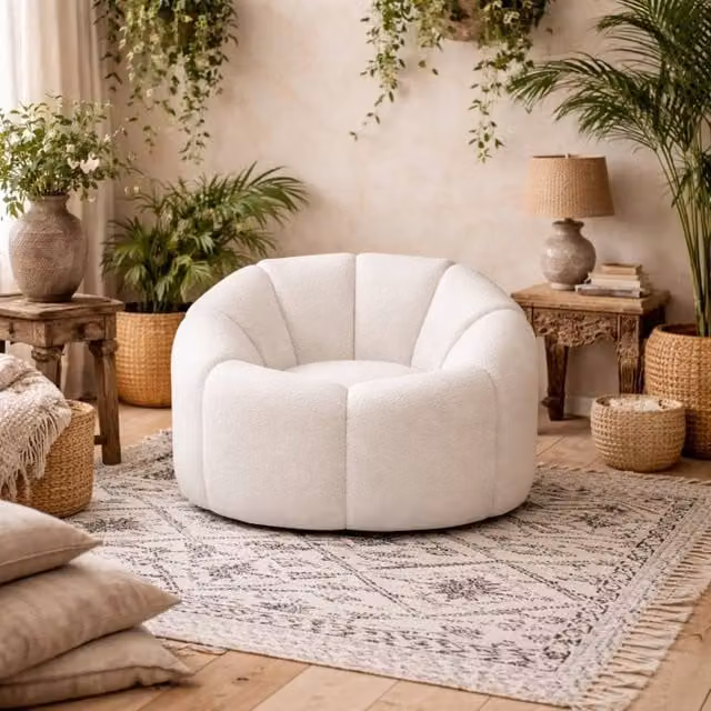Wyld Haus Juniper Retro Bouclé Swivel Armchair in Ivory White – 1