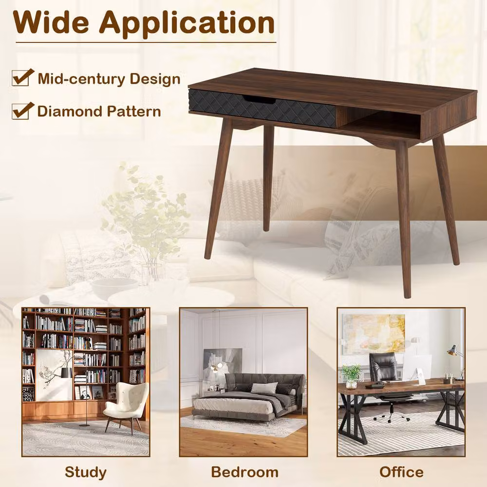 Gymax Mid-Century Writing Desk in Brown with Rubberwood and Metal Construction – 8