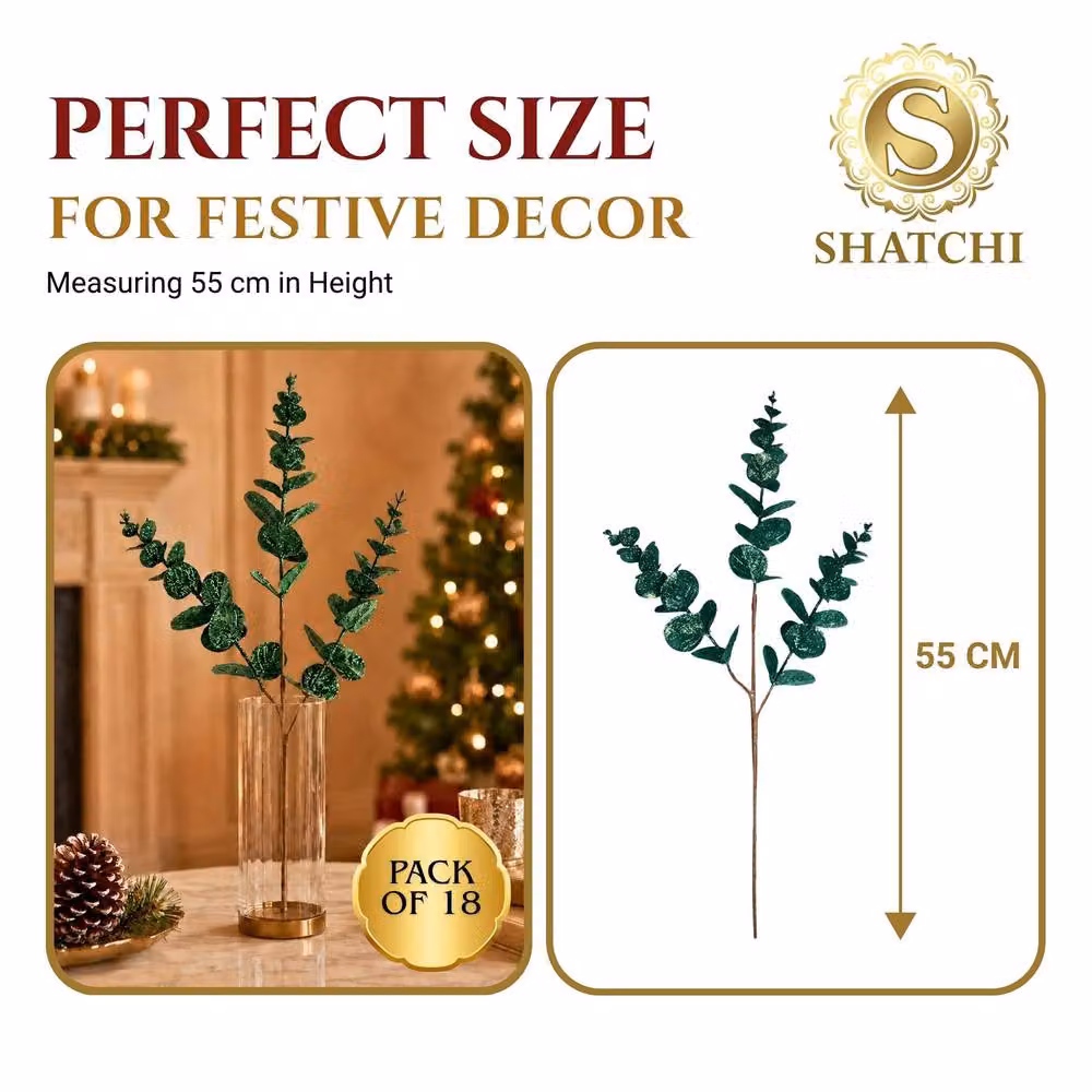 Shatchi 6 Pack Dark Green Glitter Artificial Eucalyptus Christmas Tree Picks, 55 cm – 3